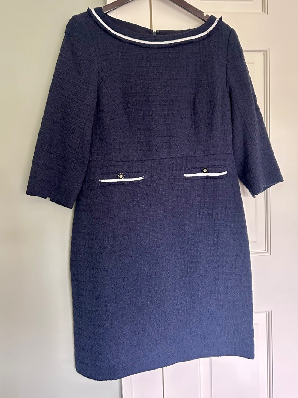 WT J.Crew Boatneck Textured Tweed Sheath Dress Navy Size 12 AR712
